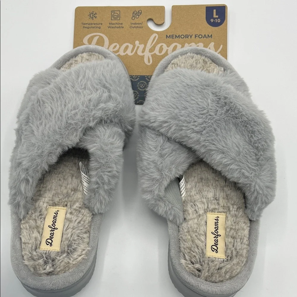 Dearfoams Soft Gray Plush Slippers - Picture 1 of 7